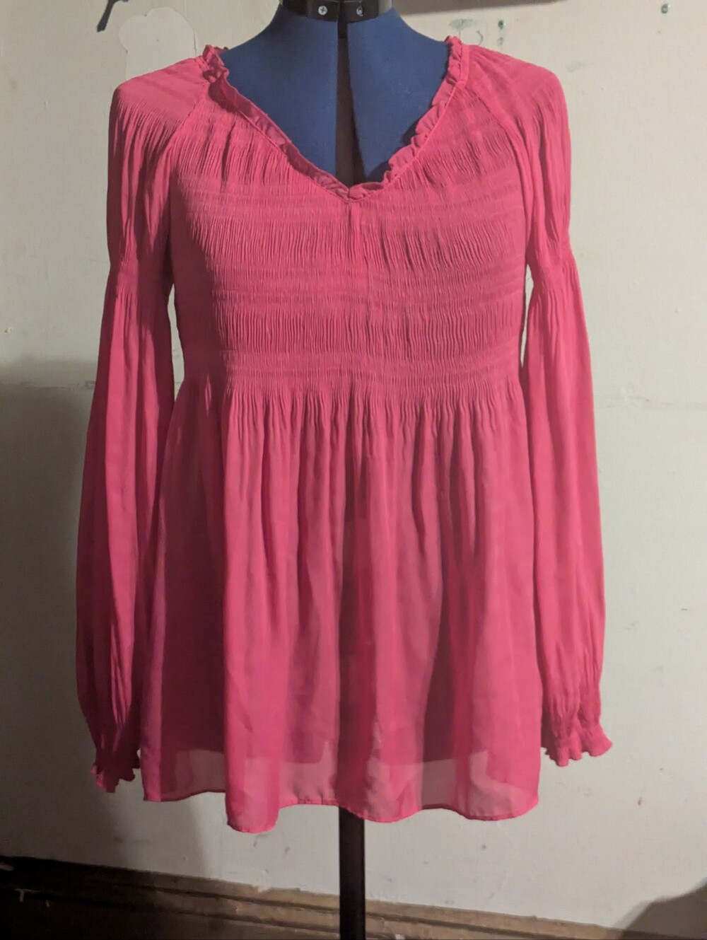 Sunny Leigh Women's Large Pink Smocked Peasant Blouse Long Sleeve Boho Top L